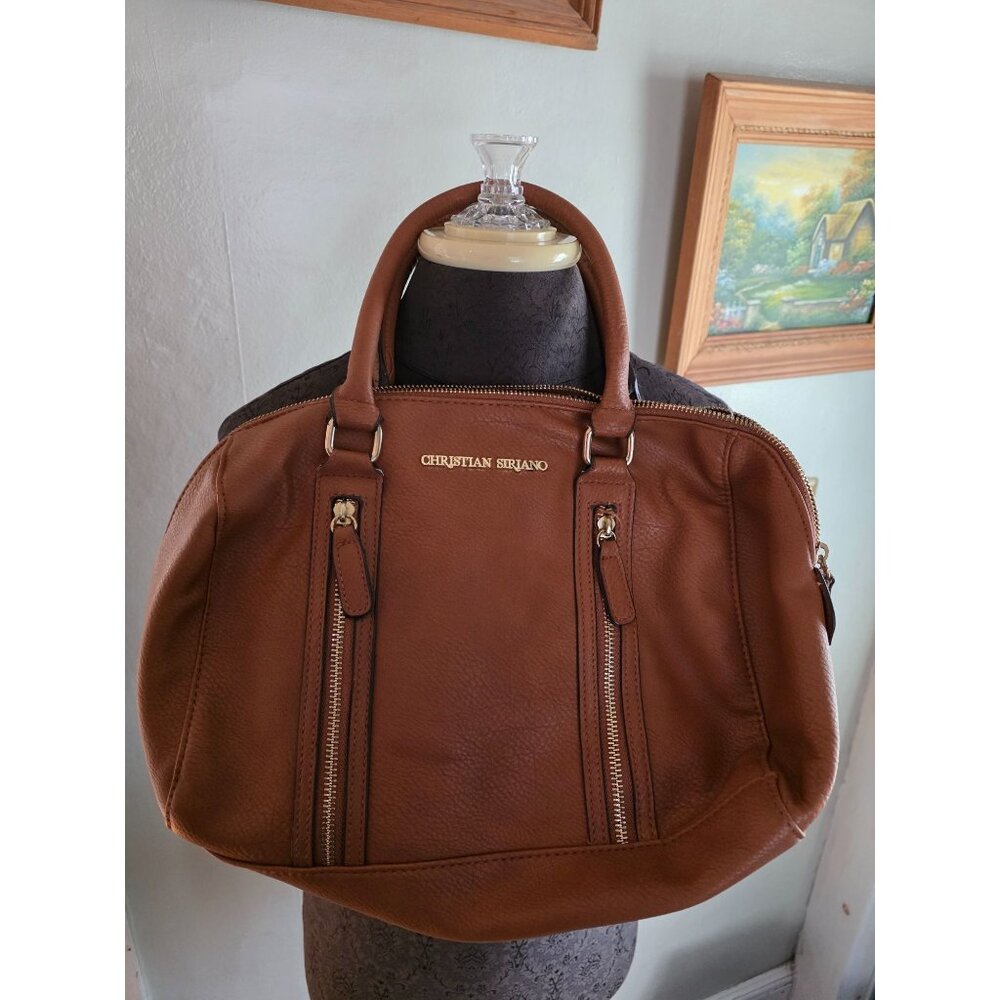 Christian Siriano Brown Faux Leather Satchel Bag Double Handles & Zipper Accents